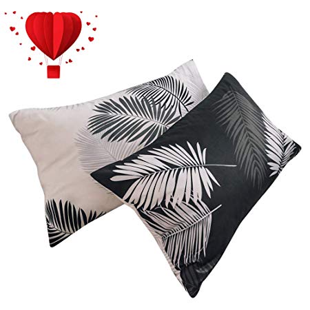 BuLuTu Tropical Queen Bed Pillowcases Set of 2 Black White Cotton Botanical Leaf Boho Queen Pillow Covers Decorative for Kids Adults Envelope Closure End-Premium,Hypoallergenic(2 Pack,20"×30")