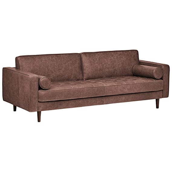 Rivet Aiden Mid-Century Leather Sofa with Tapered Wood Legs, 87"W, Dark Brown