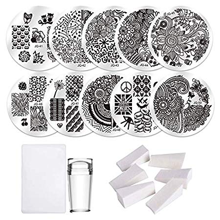 Nail Stamping Plate Kit,10pcs Nail Stamping Plate,8pc Gradient Sponge,1pc Clear Jelly Silicone Stamper,Nail Art Stamping Plates Manicure Template Nail Art Tools,Rocutus