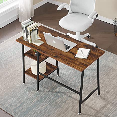 VECELO 43 Inch Computer Home Office Desks, Study Writing Table with 2 Tier Storage Shelves，Adjustable Feet/Waterproof, Anti-Scratch Surface, Walnut, 43"