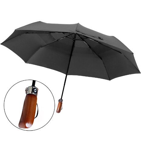 Yolococa Double-canopy Travel Umbrella ¨C Auto open and close - Waterproof & Windproof with Sturdy Wooden Handle for Men and Women Black Folding Umbrella