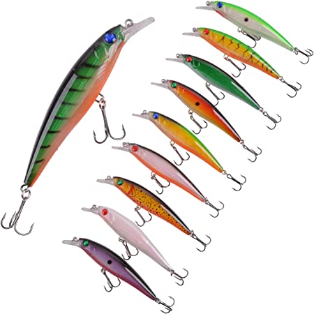 Fishing Lures Hard Bait Minnow Flash Lures with Treble Hook- 10Pcs Bass CrankBait Set Life-Like Swimbait Deep Diving Sinking Lures for Bass Trout Walleye Redfish, 5.1in Length