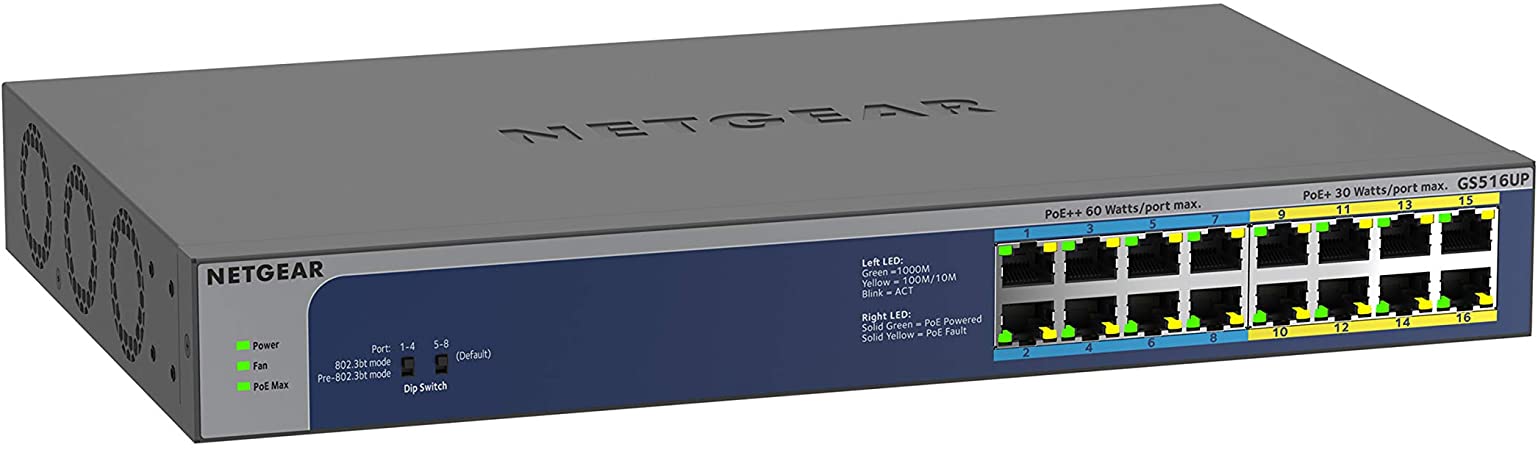 NETGEAR 16-Port Gigabit Ethernet Unmanaged PoE Switch (GS516UP) - with 8 x PoE  and 8 x Ultra60 PoE   @ 380W, Desktop or Rackmount, and Limited Lifetime Protection