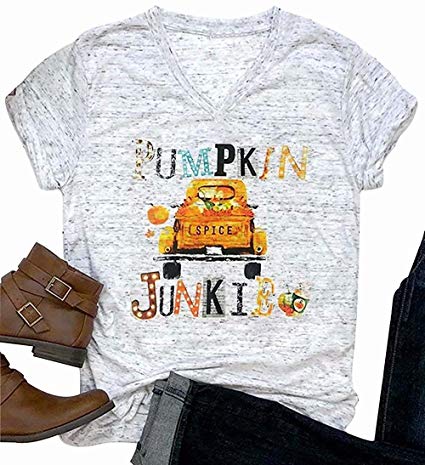 Pumpkin Spice Junkie T Shirt Women Fall Holiday Funny Graphic Tee Casual V-Neck Shirt Tops