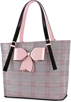 MOSISO Laptop Bag for Women Compatible with MacBook Pro 16 inch 2021 2022 M1 A2485/2019-2020 A2141, 15-15.6 inch Notebook, PU Leather Large Capacity Travel Briefcase with Bowknot Grid MO-GID001GYPK