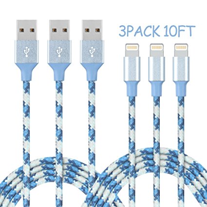 Airsspu Lightning Cable,3Pack 10FT Nylon Braided iPhone Cable Cord to USB Charging Charger for iPhone 7/7 Plus/6/6 Plus/6S/6S Plus,SE/5S/5,iPad,iPod Nano 7 (Camo Blue)