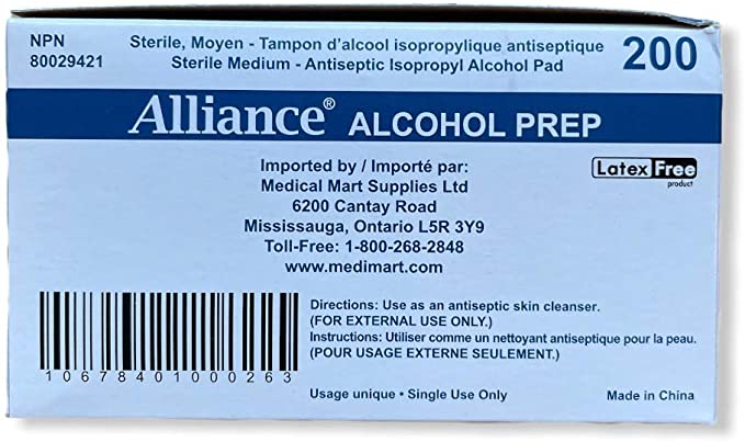 Alliance Alcohol Prep Pads 2-Ply 70% Alcohol Swabs Sterile Cleaning Wipes Individually Wrapped Latex Free (600)