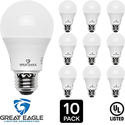Great Eagle 100W Equivalent LED Light Bulb 1600 Lumens A19 Bright White 3000K Dimmable 14-Watt UL Listed (10-pack)