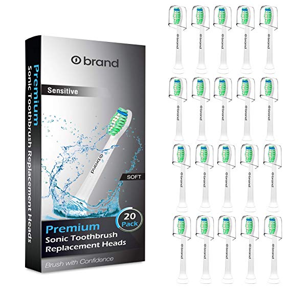 20 Pack o1brand SENSITIVE Toothbrush Heads Compatible with Philips Sonicare, Soft Bristles, Premium Sonicare Brush Heads, Phillips Sonicare Replacement Heads, Philips Sonicare Toothbrush Heads, DiamondClean, FlexCare