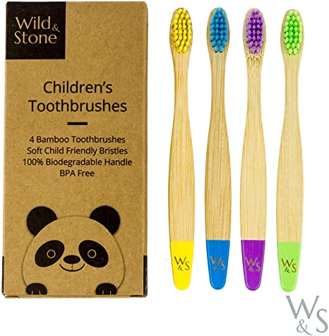 Wild & Stone Organic Children's Bamboo Toothbrush | Four Colors | Soft Fibre Bristles | 100% Biodegradable Handle | BPA Free | Vegan Eco Friendly Kids Toothbrushes