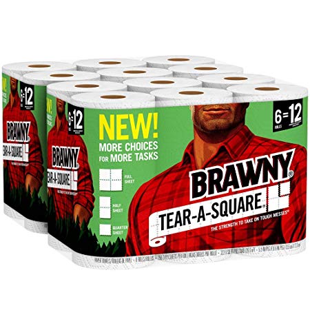 Brawny Tear-A-Square Paper Towels, 12 Rolls, 12 = 24 Regualr Rolls, 3 Sheet Size Options, Quarter Size Sheets