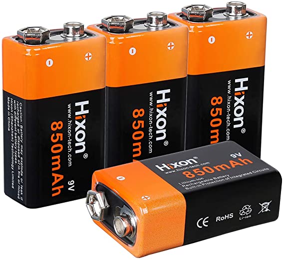 Rechargeable 9V Batteries 850mAh High Capacity 9V Hixon Batteries (4 Pack) 9 Volt Lithium Batteries for Smoke Alarms Multimeter Flashlights Metal Detector Electronic Toy & More