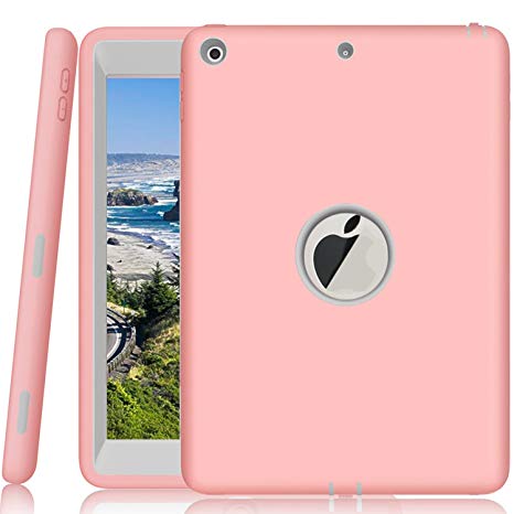 iPad 9.7 2018 Case, New iPad 2017 9.7 inch Case, Qelus Heavy Duty Rugged Shockproof Three Layer Armor Defender Impact Resistant Protective Case Cover for Apple New iPad 9.7 Inch-Pink/Grey