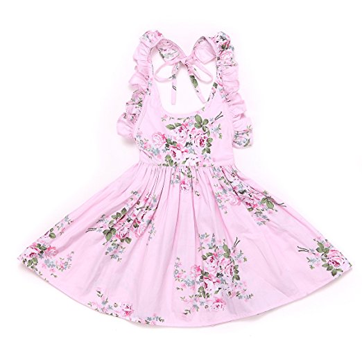 Flofallzique Cotton Vintage Floral Toddler Girls Dress Pink Backless Birthday Party Christmas Dress