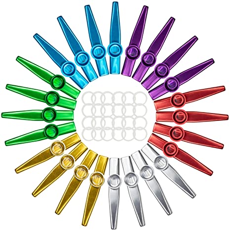 Foraineam 24-Pack Metal Kazoos with 24 Pcs Kazoo Flute Diaphragms 6 Colors Musical Instruments, A Good Companion for Ukulele, Violin, Guitar, Piano Keyboard