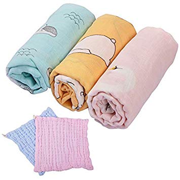 Cunina Baby Muslin Swaddle Blankets, Wrap Soft Silky Bamboo Design Neutral Receiving Blanket for Boys and Girls, 47 x 47 inches, 3 Pack -Bear/Swan/Whale, Free Gifts:2-Pack Baby Drooling Bibs
