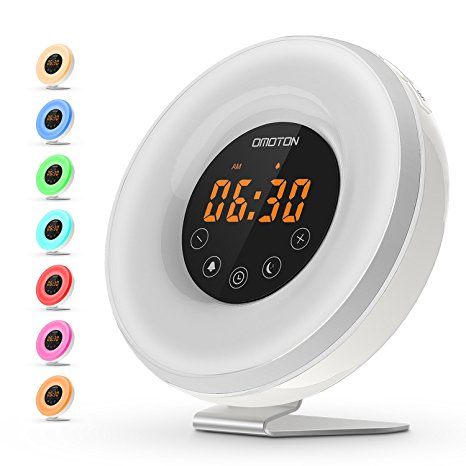 Wake-Up Light Alarm Clock with Sunrise Simulation and Sunset Simulation, OMOTON Alarm Clock with FM Radio, 6 Nature Sounds, Snooze Function,Touch Control, and Anti-slip Aluminum Stand