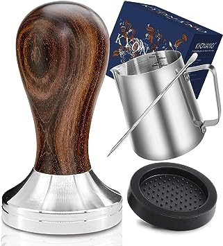 KYONANO Espresso Tamper 51mm - Tamper with Chacate Preto Wood Handle -Coffee Tamper Espresso Press Plus Free Milk Frothing Pitcher 350ml, Silicone Tamper Mat -Tamper fits 51mm Delonghi Portafilter