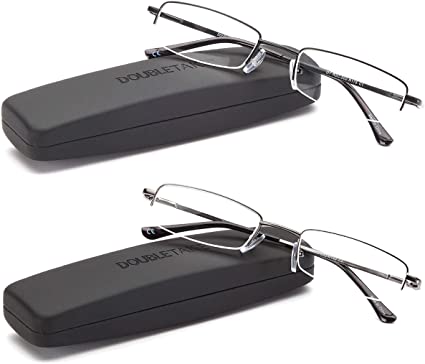 DOUBLETAKE Reading Glasses - 2 Pairs Compact Case Included Semi Rimless Readers
