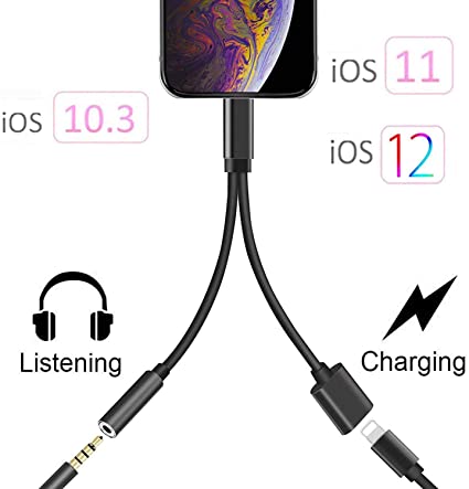 IKHISHI Headphone Adapter Compatible with iPhone Xs/Xs Max/XR/ 11/11Pro 8/8 Plus/X / 7/7 Plus,Listen to Music Adapter Audio and Charge 3.5mm Splitter Converter Compatible with Adaptor Charger(Black)