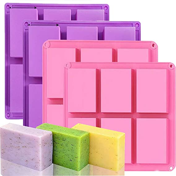 4 Pack Rectangle Silicone Molds, 6 Cavities Silicone Soap Molds Silicone Baking Mold Cake Pan for Soap Making, Cake Mold, Chocolate Mold ＆ Ice Cube Tray（Purple ＆ pink）