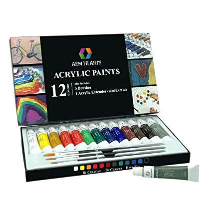 Acrylic Paint Set 12 Colors by AEM Hi Arts - Includes 12 Tubes of Rich and Vibrant Non-Toxic Paint, Extender and Brushes. Rich Pigments Lasting Quality for Beginners, Students & Professional Artists