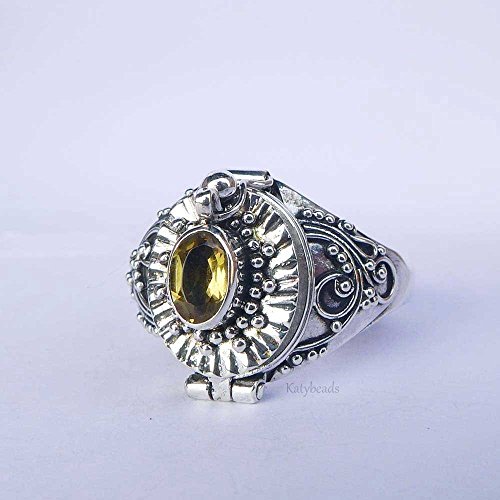 Yellow Citrine Poison Ring Bali Sterling Silver Locket AR07 size 10