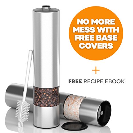 Electric Salt and Pepper Mill Set For Quick And Easy Seasoning - Stainless Steel Electronic Mills With Ceramic Grinders For Adjustable Coarseness - Includes Free Brush and Base Covers To Prevent Mess and Bonus Recipe Book