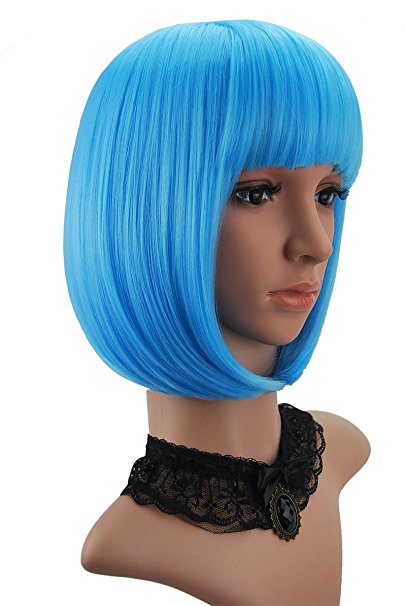 eNilecor Short Hair Wig 14'' 36cm Straight Flat Bang Short Bob Hair Candy Color Cosplay Wigs Natural As Real Hair  Free Wig Cap (Blue)