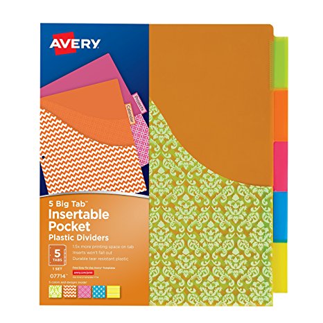 Avery Big Tab Insertable Plastic Dividers with Pockets, 5 Tabs, 1 Set, Assorted Fashion Designs (07714)