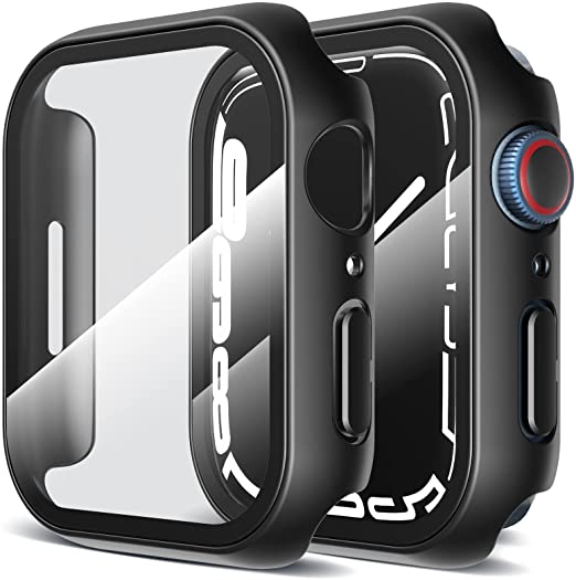 [2 Pack] LK Apple Watch Case Compatible with Apple Watch Series 7 45mm, Hard PC Case with Built-in Tempered Glass Screen Protector, Overall Protective, Ultra-Thin, Easy Installation, Black