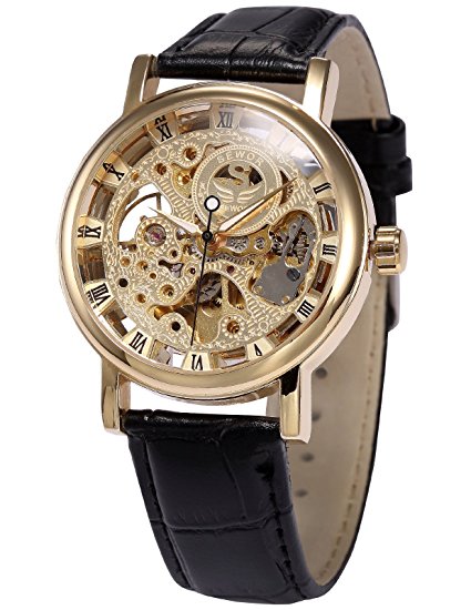 AMPM24 Men's Mechanical Wrist Watch Skeleton Hand Wind Up Leather Strap