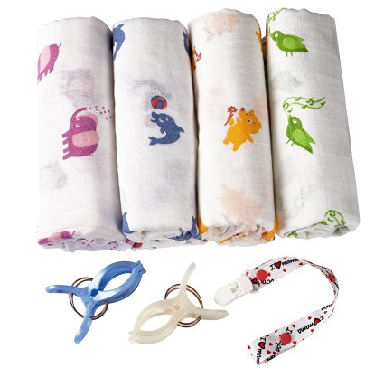Swaddle Blanket (Premium Bamboo Muslin) 4 Pack   4 Bonuses: Stroller Clips, Pacifier Clip & Baby Sleeping Guide By BabyVoice