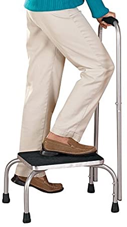 Step Stool with Tall Handle, Steel, Rubberized Platform, 16” Long x 12” Wide x 34” High