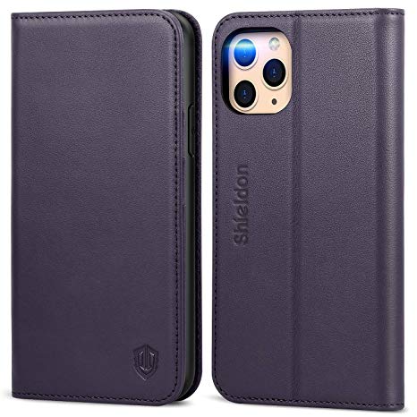 SHIELDON iPhone 11 Pro Max Case, Genuine Leather Auto Sleep Wake iPhone 11 Pro Max Flip Wallet Case Card Holder Magnetic Closure Kickstand Compatible with iPhone 11 Pro Max (6.5 Inch) - Dark Purple