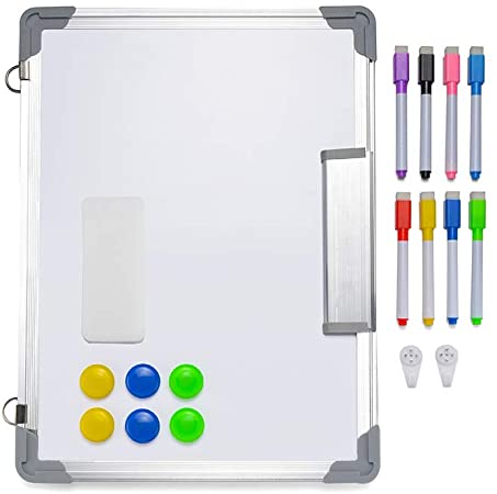 Magnetic Whiteboard, 11.8 X 15.7 Inches Magnetic Dry Erase Board with 1 Dry Eraser, 6 Magnets， 8 Dry Erase Markers Assorted Colors, Silver Aluminum Frame, Excellent for Office and Home