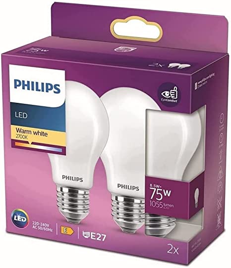 Philips LED Premium Classic A60 Frosted Light Bulb 2 Pack [E27 Edison Screw] 8.5W - 75W Equivalent , Warm White 2700K, Non Dimmable