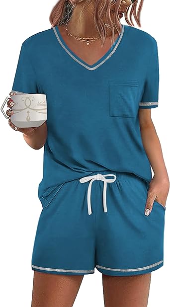 Ekouaer Women's Pajamas Sets Short Sleeve Lounge Sets Sleepwear Casual Two Piece Pjs with Pockets