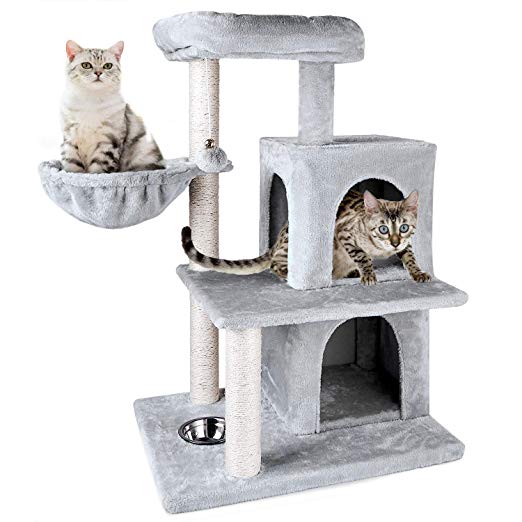 ZNWIYE Cat Tree Condo Furniture Kitten Activity Tower, Sturdy Cat Tree with Feeding Bowl, Cozy Basket with 2 Condos