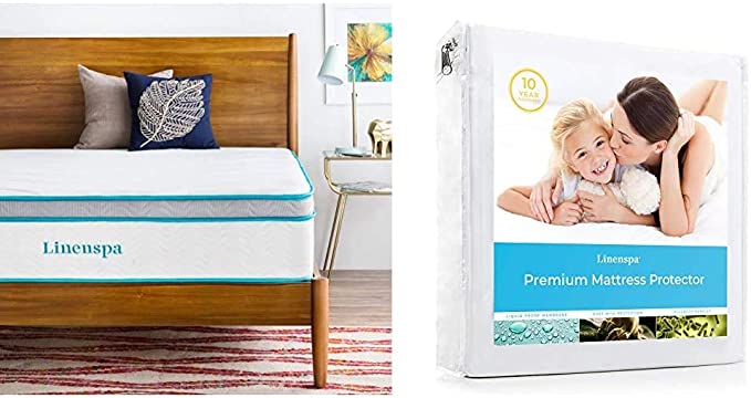 Linenspa 12 Inch Gel Memory Foam Hybrid Mattress - Ultra Plush - Individually Encased Coils - Sleeps Cooler Than Regular Memory Foam - King & Premium Smooth Fabric Mattress Protector, King, White