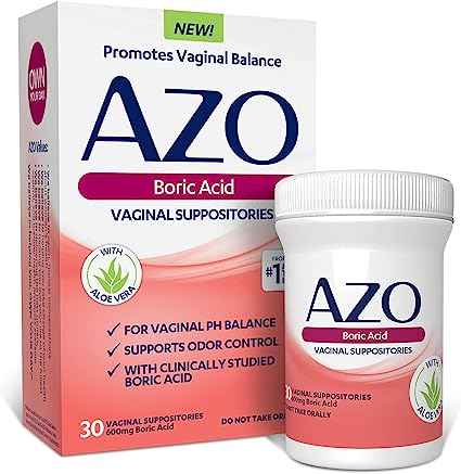 AZO Boric Acid Vaginal Suppositories, Helps support odor control and Balance Vaginal PH with Clinically Studied Boric Acid, 30 count