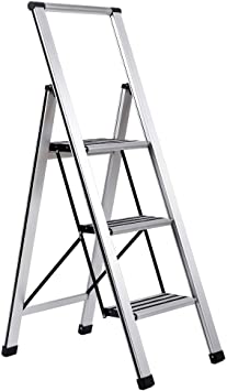BirdRock Home 3-Step Slim Aluminum Step Ladder - Sturdy Thin Folding Stool - 3 Anti-Slip Steps - Wide Platform - Great for Your Kitchen, Pantry, Closets, or Home Office - Indoor Stool - Silver