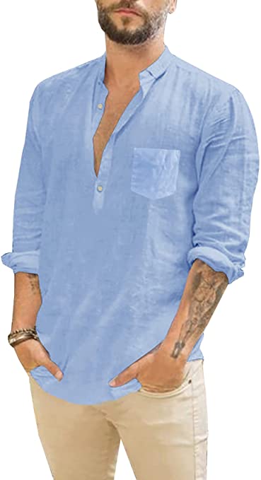Men's Linen Henley Shirts Beach Long Sleeve Loose Casual Summer Solid Yoga Hippie Tee Lightweight Tops
