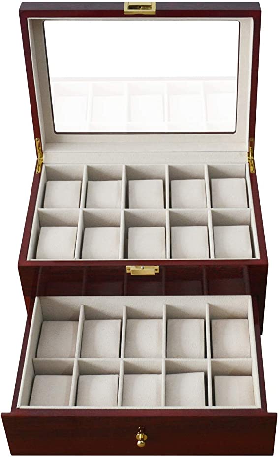 Feibrand Wooden Watch Display Storage Box Case for 20 Watches Red