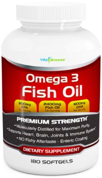Omega 3 Fish Oil Supplement 180 Softgels - 2400mg Triple Strength Fish Oil with 800mg EPA and 600mg DHA Omega-3 Fatty Acids Per Serving - With Enteric Coating - Molecularly Distilled Fish Oil Sourced From Deep Ocean Water Fish