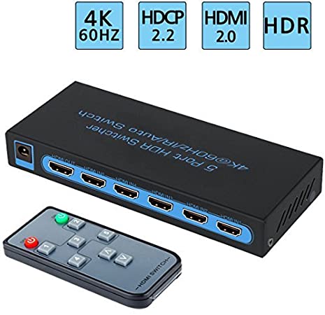 4K@60Hz HDMI Switch 5x1 FiveHome 5 in 1 Out HDMI 2.0 Switcher with IR Remote Support Auto Switch,HDMI 2.0, HDCP 2.2,Full HD/3D