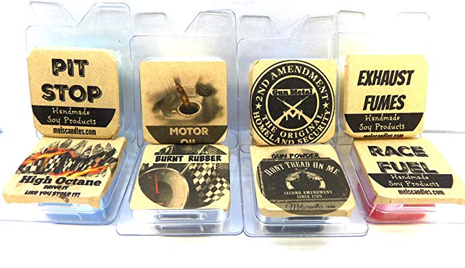 Mels Candles & More Combo Mens Sample Set 8 Different 1/2oz Packs of Soy Wax Melts - High Octane, Burnt Rubber, Racing Fuel, Exhaust Fumes, Motor Oil, Pit Stop, Gun Powder & Gun Metal