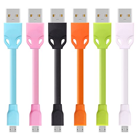 [6 Pack] Fasgear Micro USB(0.3ft) - Premium Soft Short Cables for Power Bank, Android Smartphone and More (Black,White,Pink,Blue,Green,Orange)