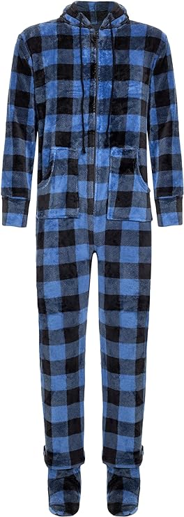 Alexander Del Rossa Men's Warm Fleece One Piece Hooded Footed Zipper Pajamas Set, Soft Adult Onesie Footie Hood Winter