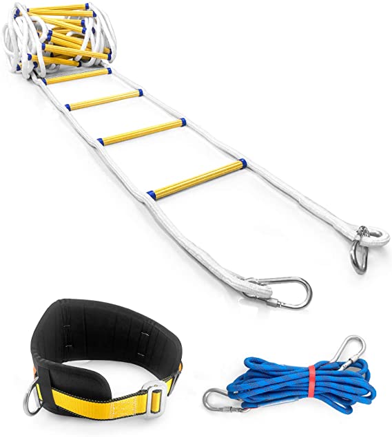 QWORK 32 FT Emergency Fire Ladder Resistant Safety Rope Escape Ladder with Carabiners & Safety Cord & Safety Belt for Fast to Deploy in Fire, 3-4 Story